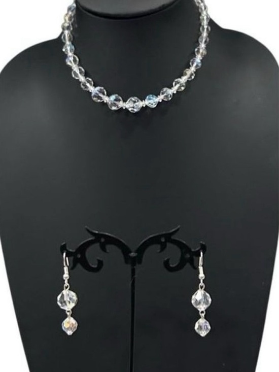 Vintage Jewelry - Vintage Choker Necklace & Dangling Earrings Set Clear Faceted Czech Glass Beads